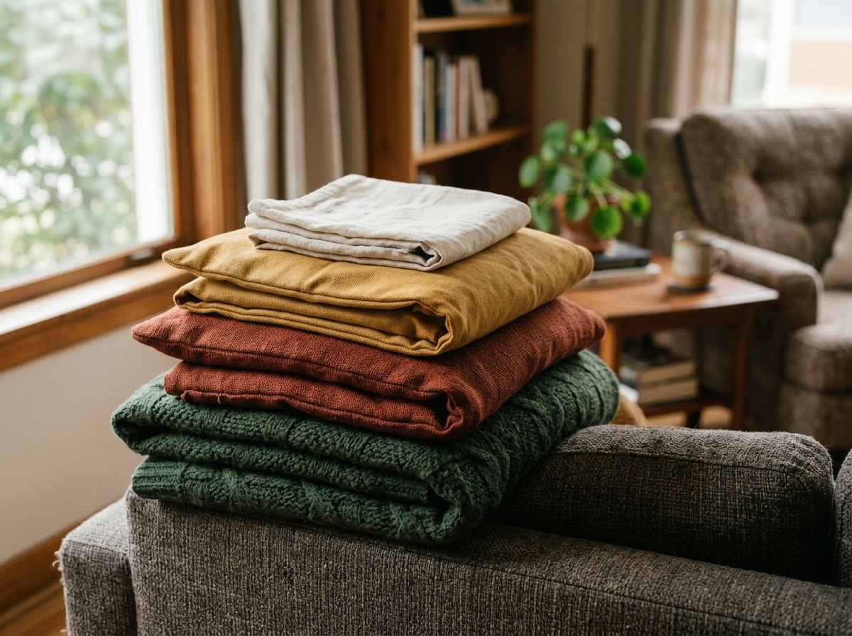 Stack of folded throw pillow covers and a blanket in deep rust, mustard, and forest green tones