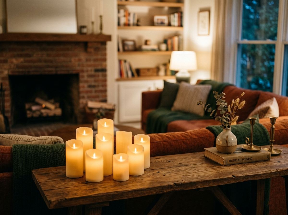 A cluster of flameless candles glowing warmly on a table in front of a fireplace