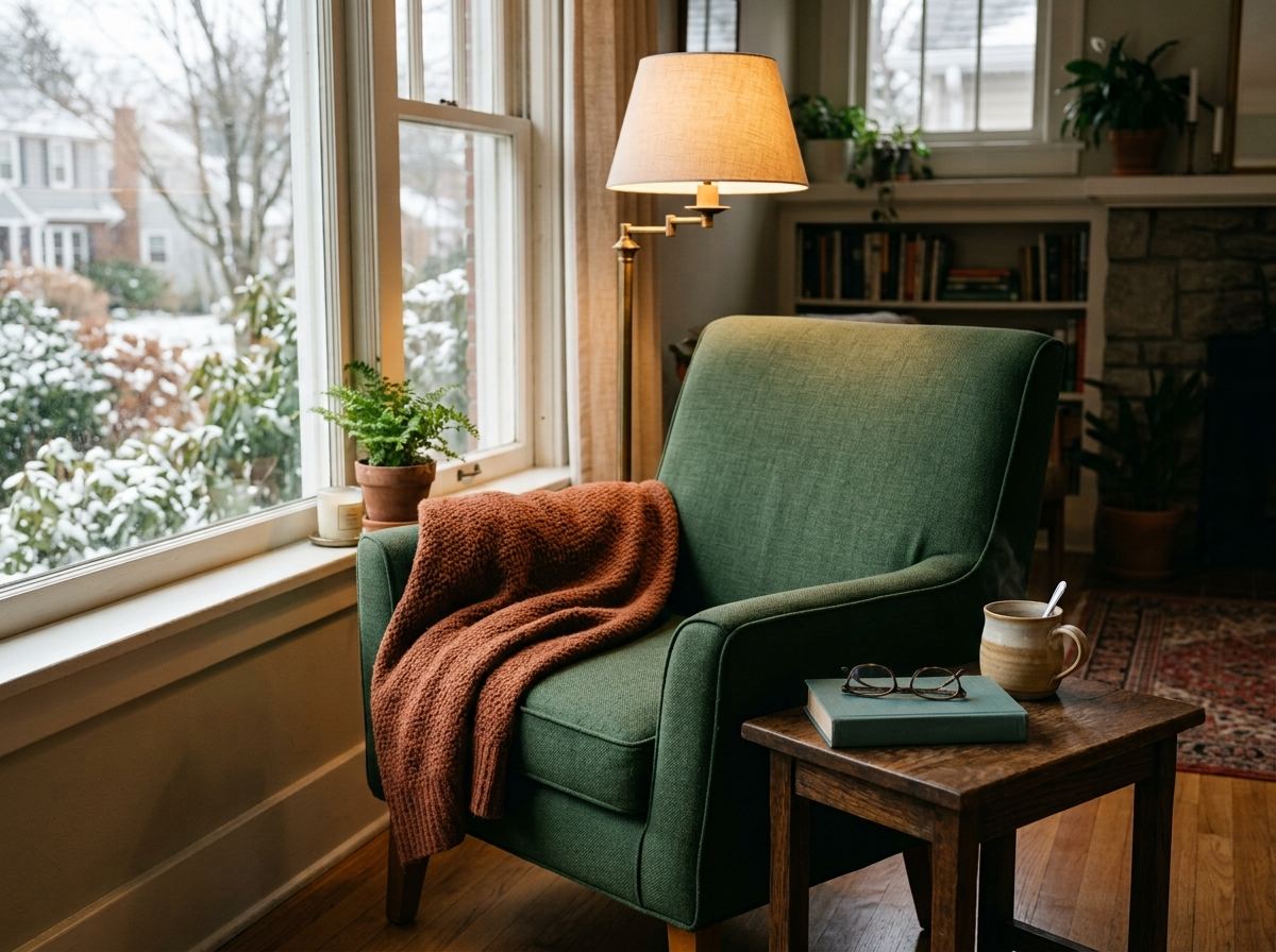 Clean, uncluttered green armchair by a snowy window with a throw and a lamp