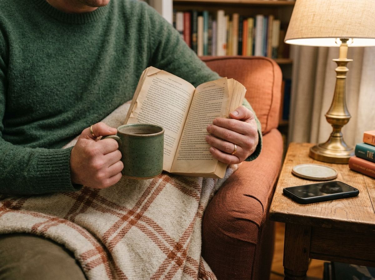 Hands holding an open book and a mug of tea, a phone face-down on a nearby table