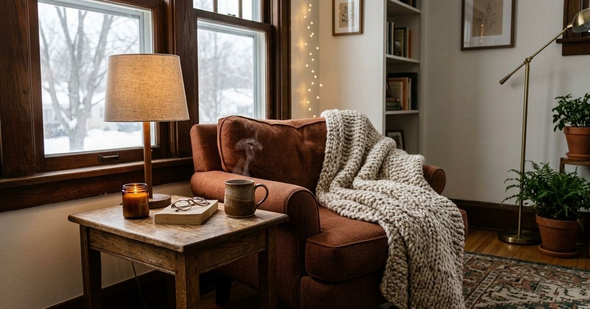 Warm, softly lit living room corner in winter with a cozy armchair and a steaming mug